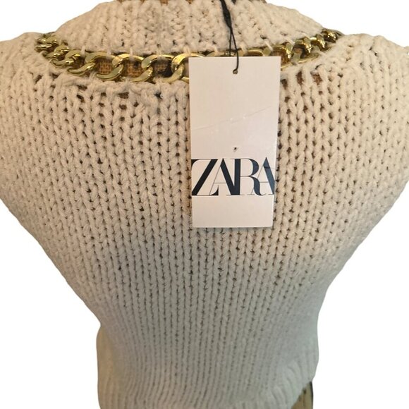 Zara Women's Cream Knit Tank Top Chain Detail Size Medium Made In Turkey - Picture 8 of 9
